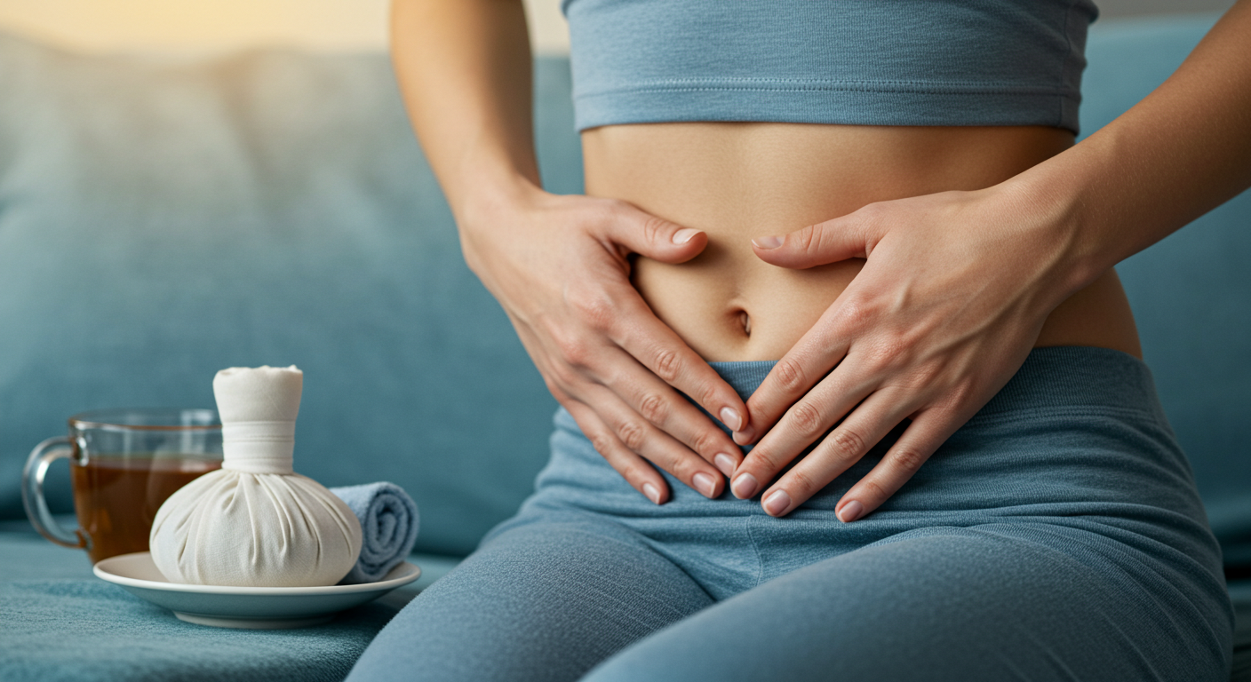 여성이 (허리부터 또는 두 손으로) 아랫배를 부드럽게 감싸고 있는 사진