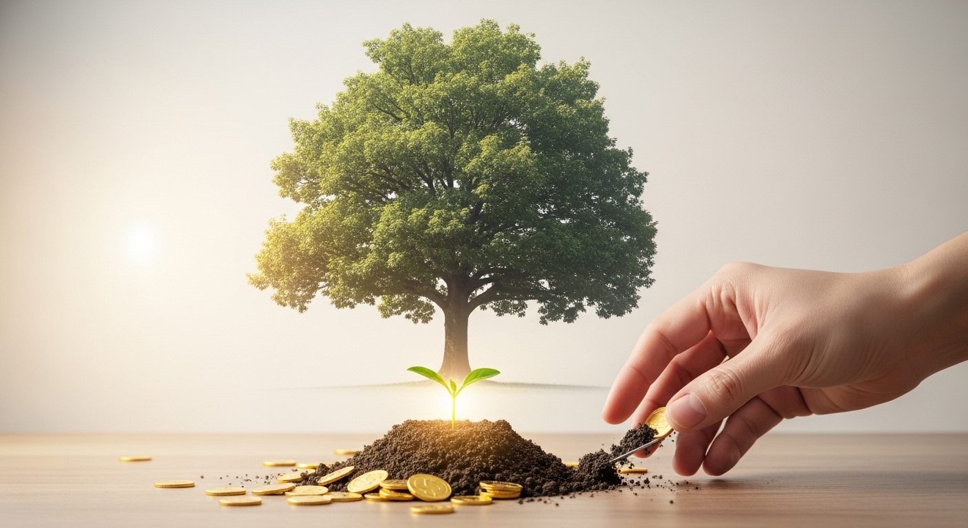 작은 싹(단기 이익) 대신 거대한 나무(미래 성장)를 심고 있는 경영진의 실루엣 이미지