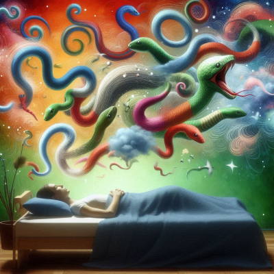 꿈속의 뱀이 다양한 색깔로 꿈꾸는 사람의 위로 떠오릅니다.