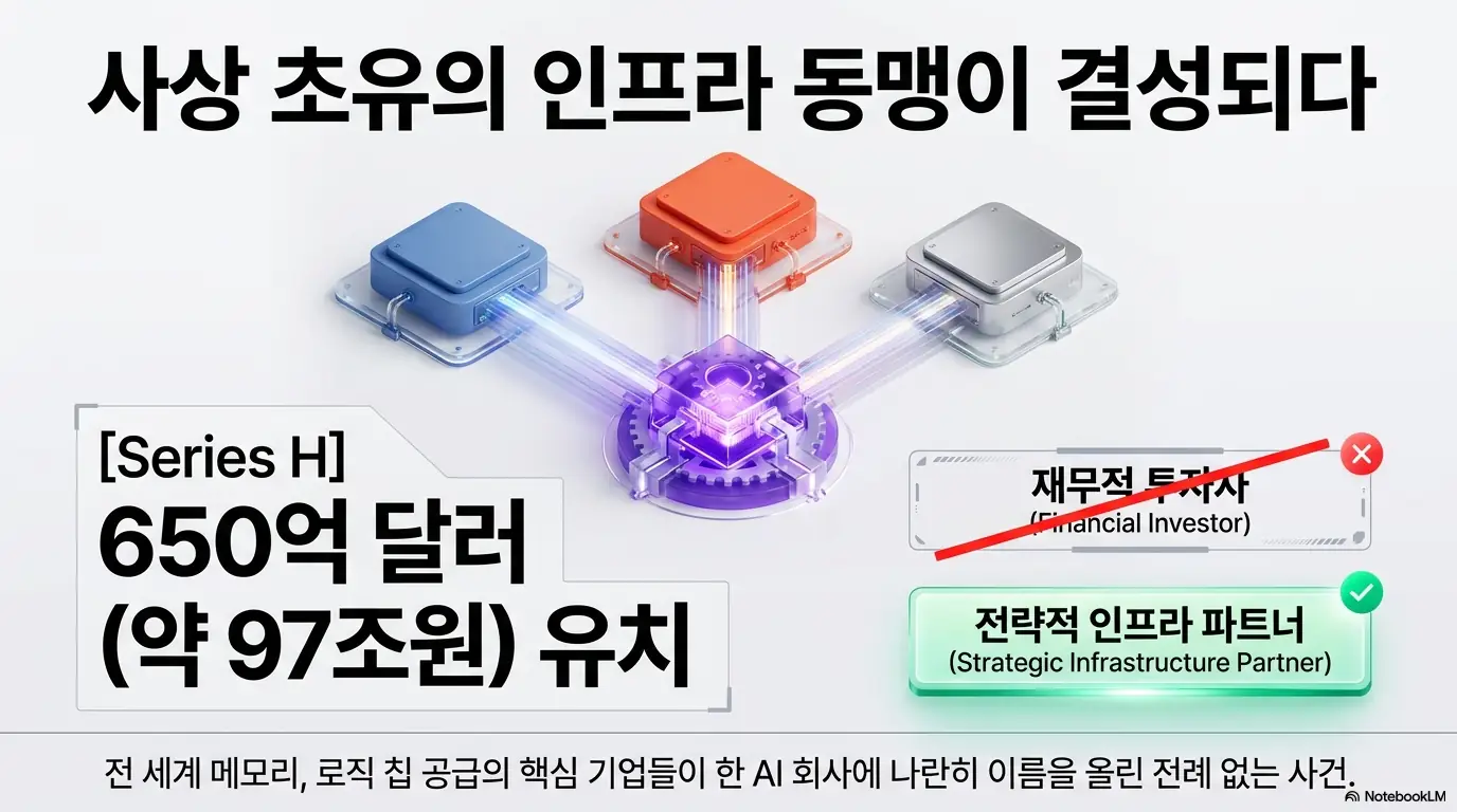 엔트로픽 투자 삼성전자 SK하이닉스: &rsquo;사상 초유의 인프라 동맹이 결성되다&amp;#39;라는 제목과 함께 시리즈H 650억 달러(약 97조원) 유치 문구가 담긴 이미지. 메모리 3사가 재무적 투자자가 아닌 전략적 인프라 파트너로 참여했음을 시각적으로 전달하며&amp;#44; 블로그의 엔트로픽 투자 핵심 내용과 관련된 내용을 설명함
