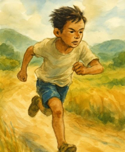 어린 소년이 흙길을 따라 전력으로 달리는 장면