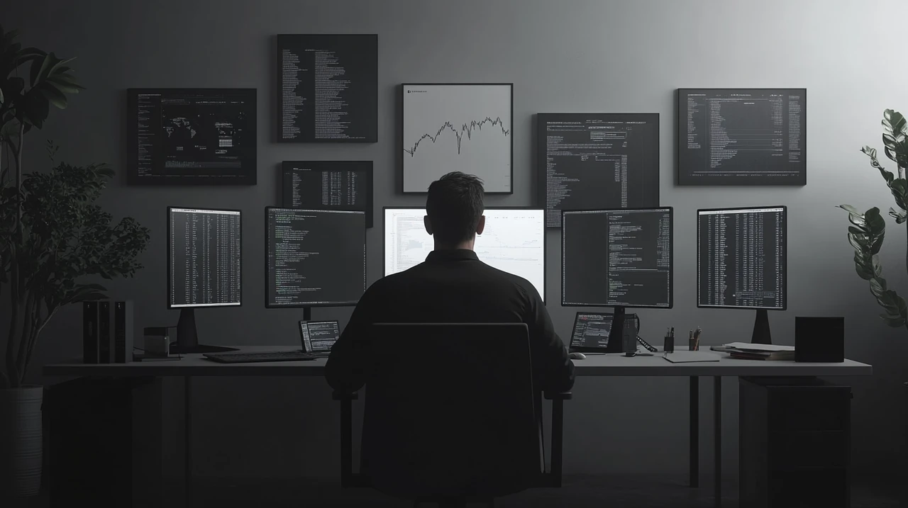 NFP 발표 시점의 트레이더가 환율 변동성을 실시간으로 감시하며 외환시장 동향, 경제 뉴스, USD/KRW 시세 분석, 매매 전략 준비, 투자 판단을 내리는 긴장감 있는 전문가 환경