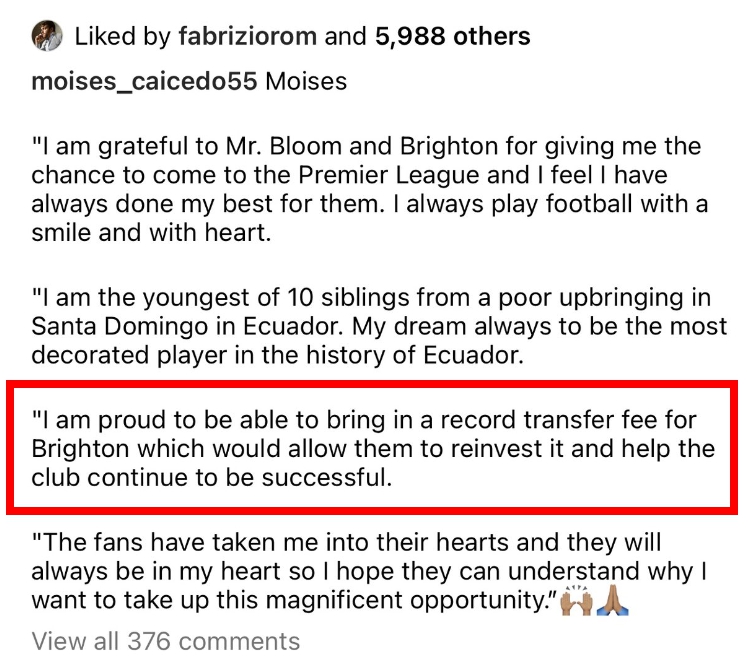 아스날 이적 영입 타깃이 된 브라이튼 중미 에콰도르 모이세스 카이세도 인스타