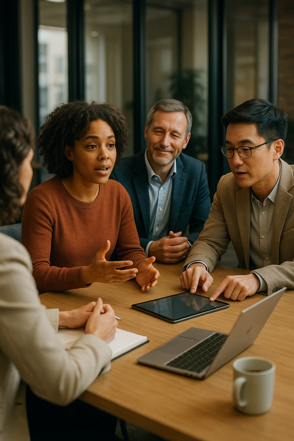 네명의 남,여가 한 테이블에서 회의를 하는 모습