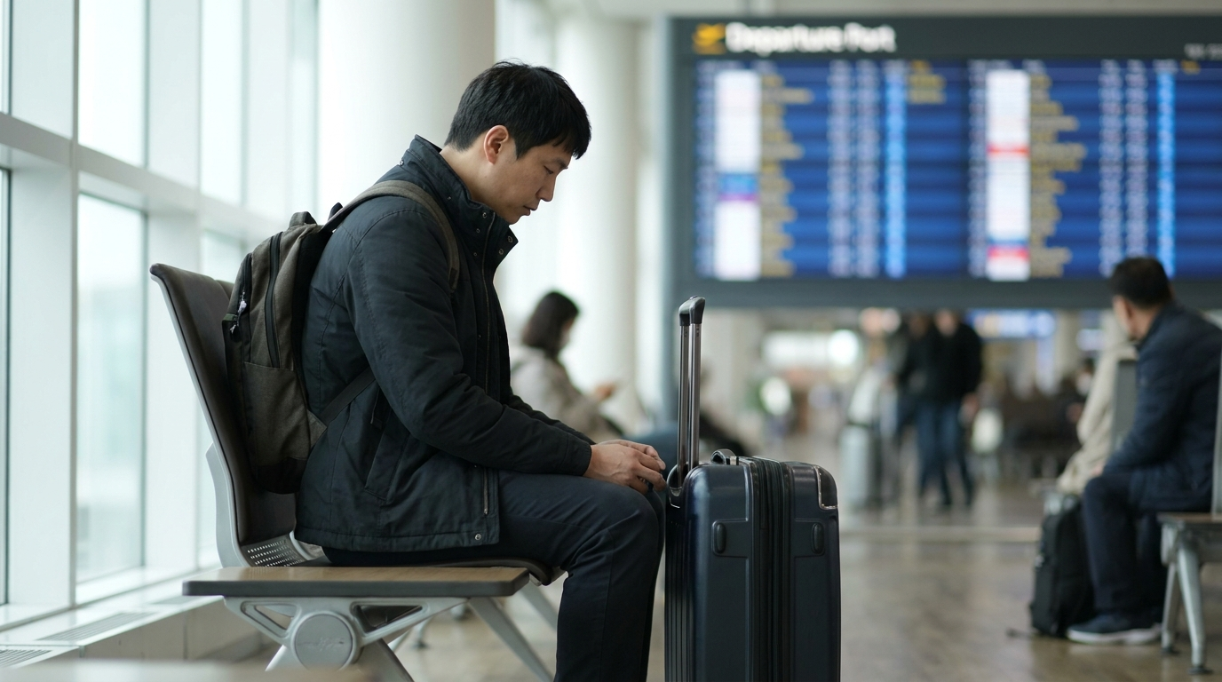 공항 게이트 앞에서 캐리어 옆에 앉은 사람