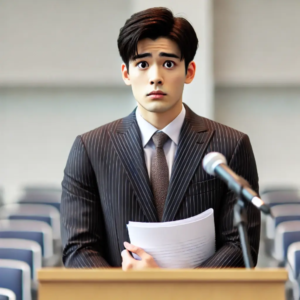 발표를 앞두고 긴장한 동양인 발표자