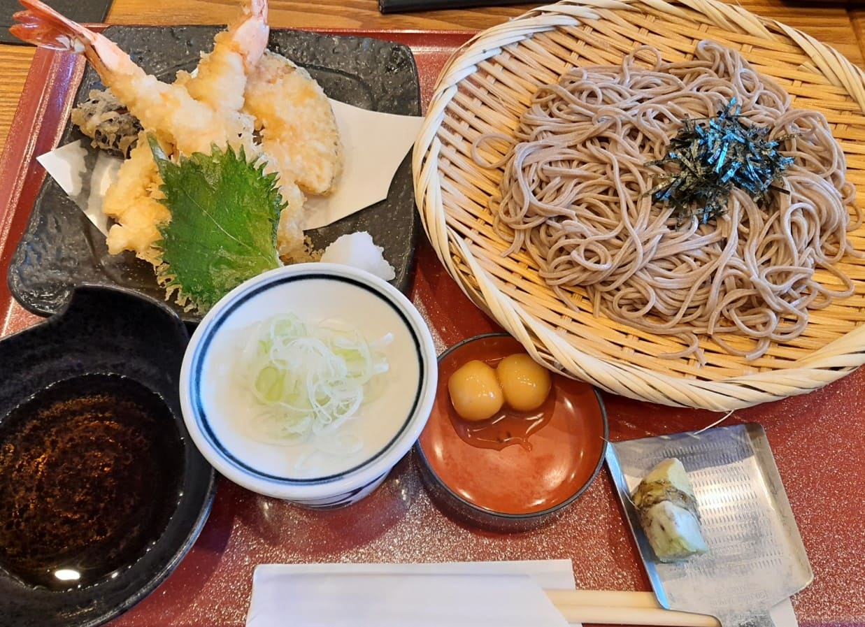 튀김이 접시위에 올려져 있고 오른쪽편에 소바가 국물없이 올려져 있다.