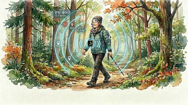 스마트기기를 부착하고 홀로 숲길을 산책하는 여인