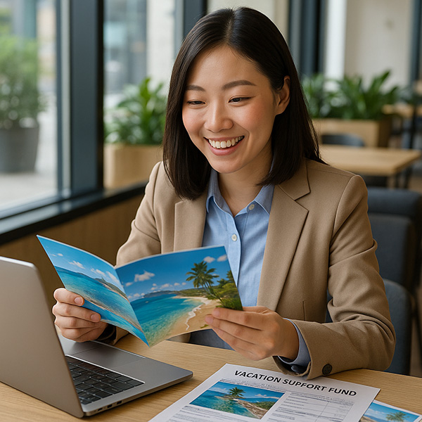 카페에서 여행 계획을 세우며 휴가지원금 혜택을 확인하는 직장인