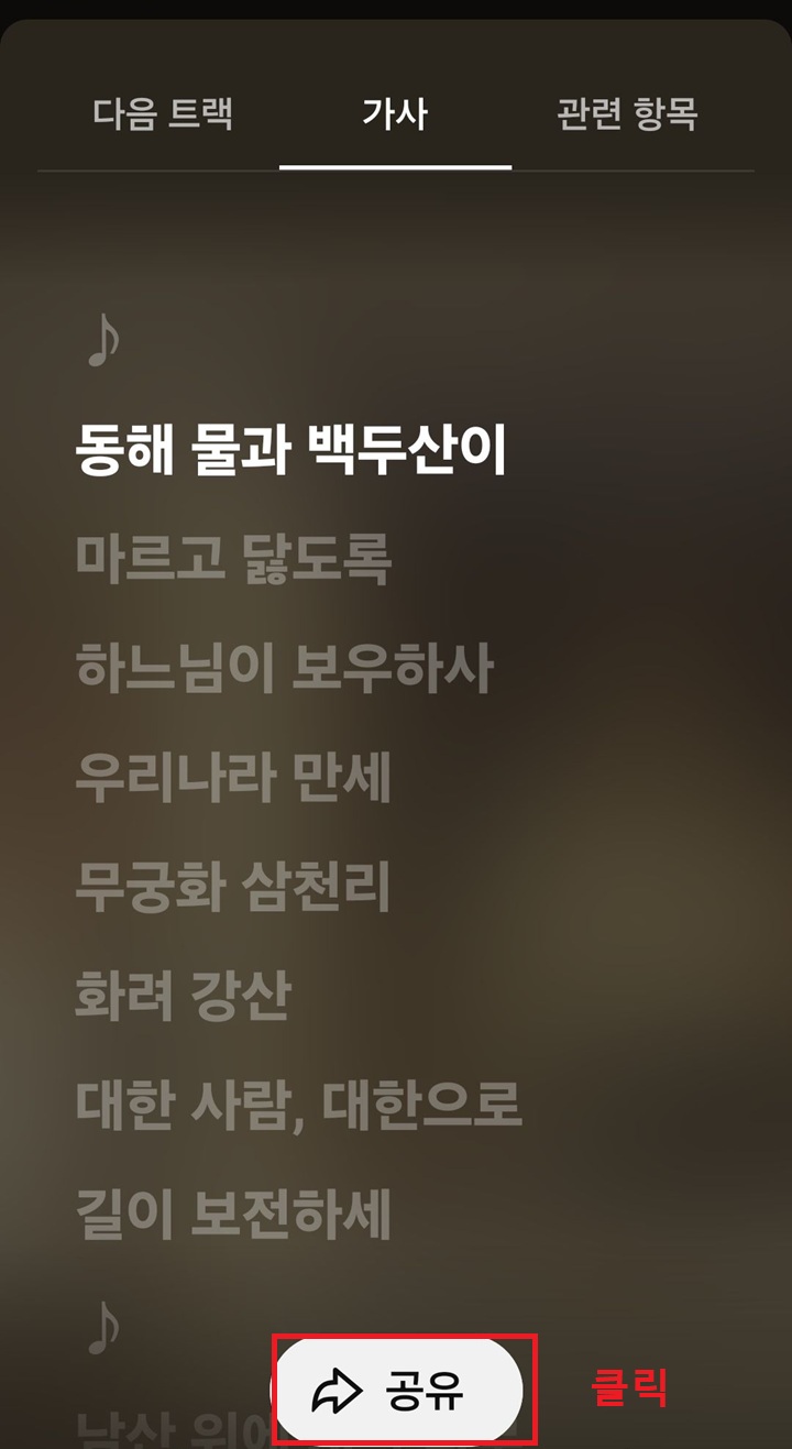 가사 보이는 화면 아래에 공유 버튼 보임