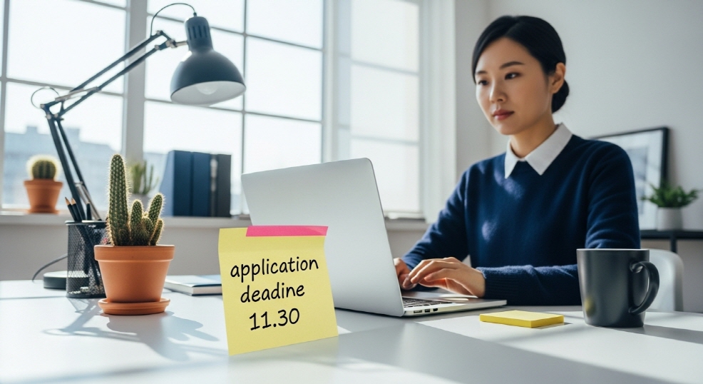 책상 위 포스트잇에 &lsquo;신청 마감 11.30&rsquo; 메모된 장면