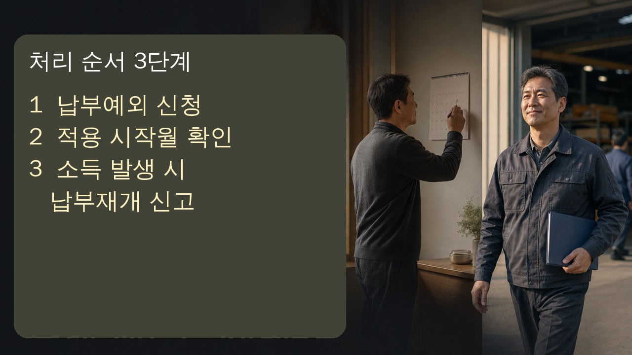 국민연금 납부예외 신청과 적용월 확인 납부재개를 순서대로 진행하는 장면
