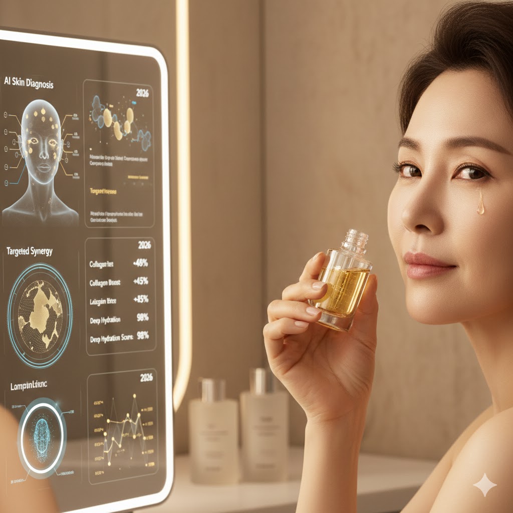 애터미 시너지 앰플로 피부 관리를 하며 완벽한 피부 자산을 가꾸는 여성 리더의 모습. 배경에는 AI 피부 분석 데이터가 투영되어 전문성을 더합니다.