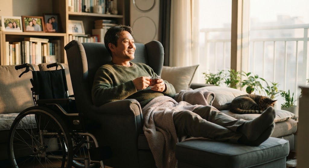 장애인이 소파에 누워있는 모습