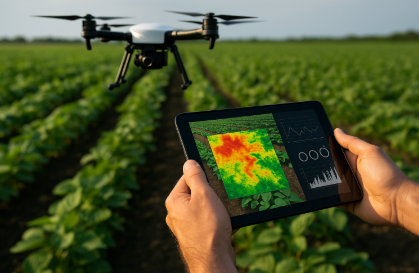드론과 태블릿을 이용해 농작물 상태를 분석 중인 장면