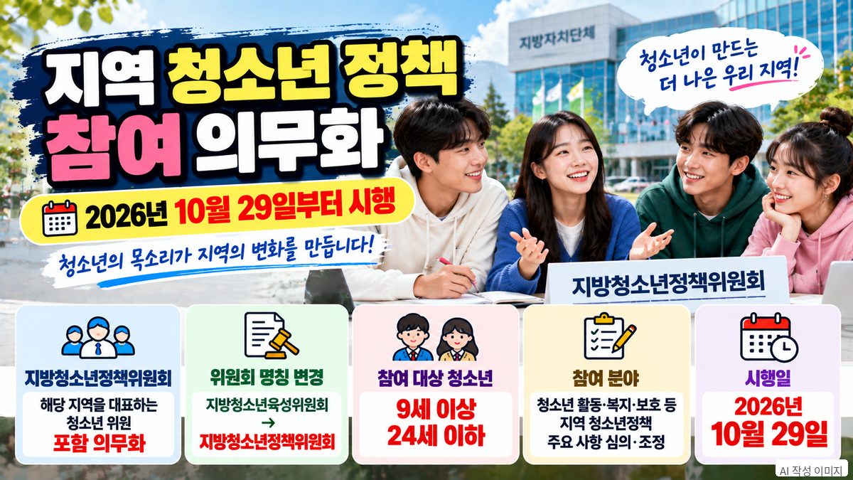 지역 청소년 대표가 지방청소년정책위원회에 참여해 청소년 정책에 직접 의견을 내는 제도와 10월 29일 시행 안내 이미지