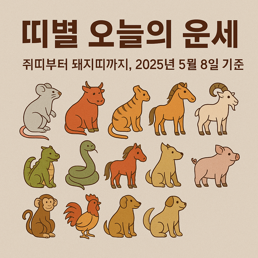 띠별 오늘의 운세 (쥐띠부터 돼지띠까지, 2025년 5월 8일 기준)