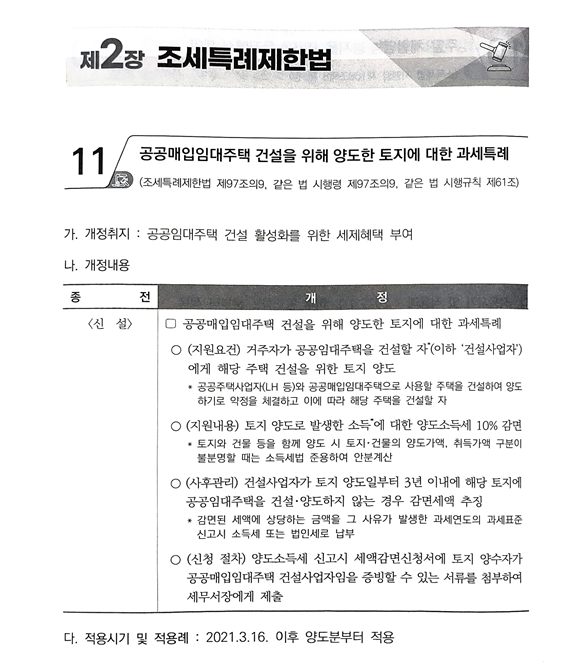 조세특례제한법 중 양도소득세 관련 개정사항