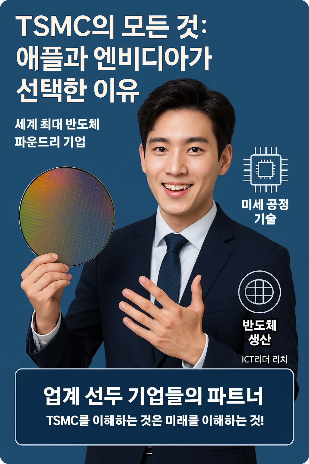 반도체 웨이퍼를 들고 3nm 공정의 기술력을 설명하는 20대 남성의 고화질 TSMC 인포그래픽 이미지