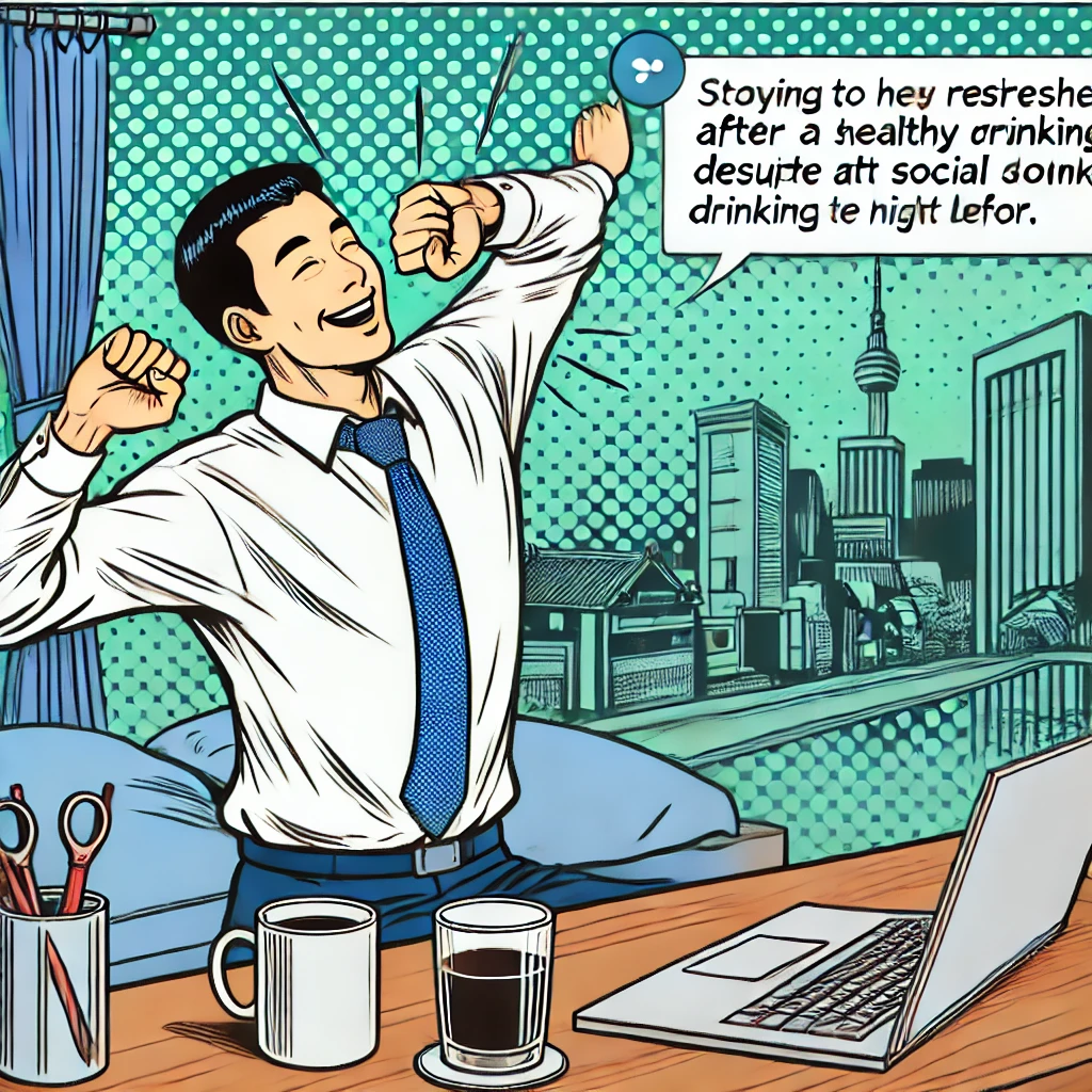 아침에 기지개를 켜며 상쾌한 직장인 (올바른 음주 습관과 회복력 강조)