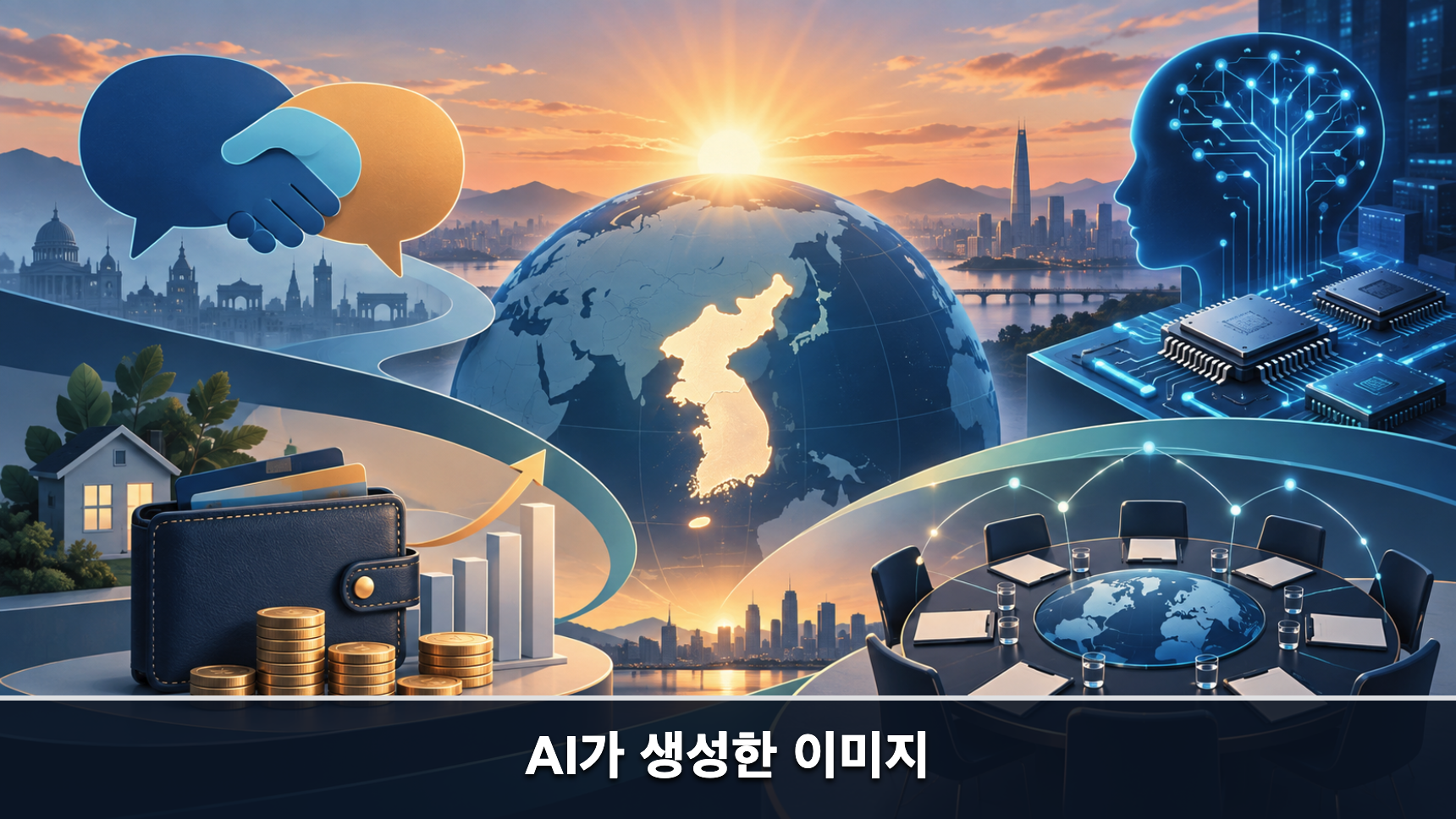 2026년 9월 28일 아침 뉴스의 외교 금융 에너지 인공지능 이슈를 상징한 개념 일러스트