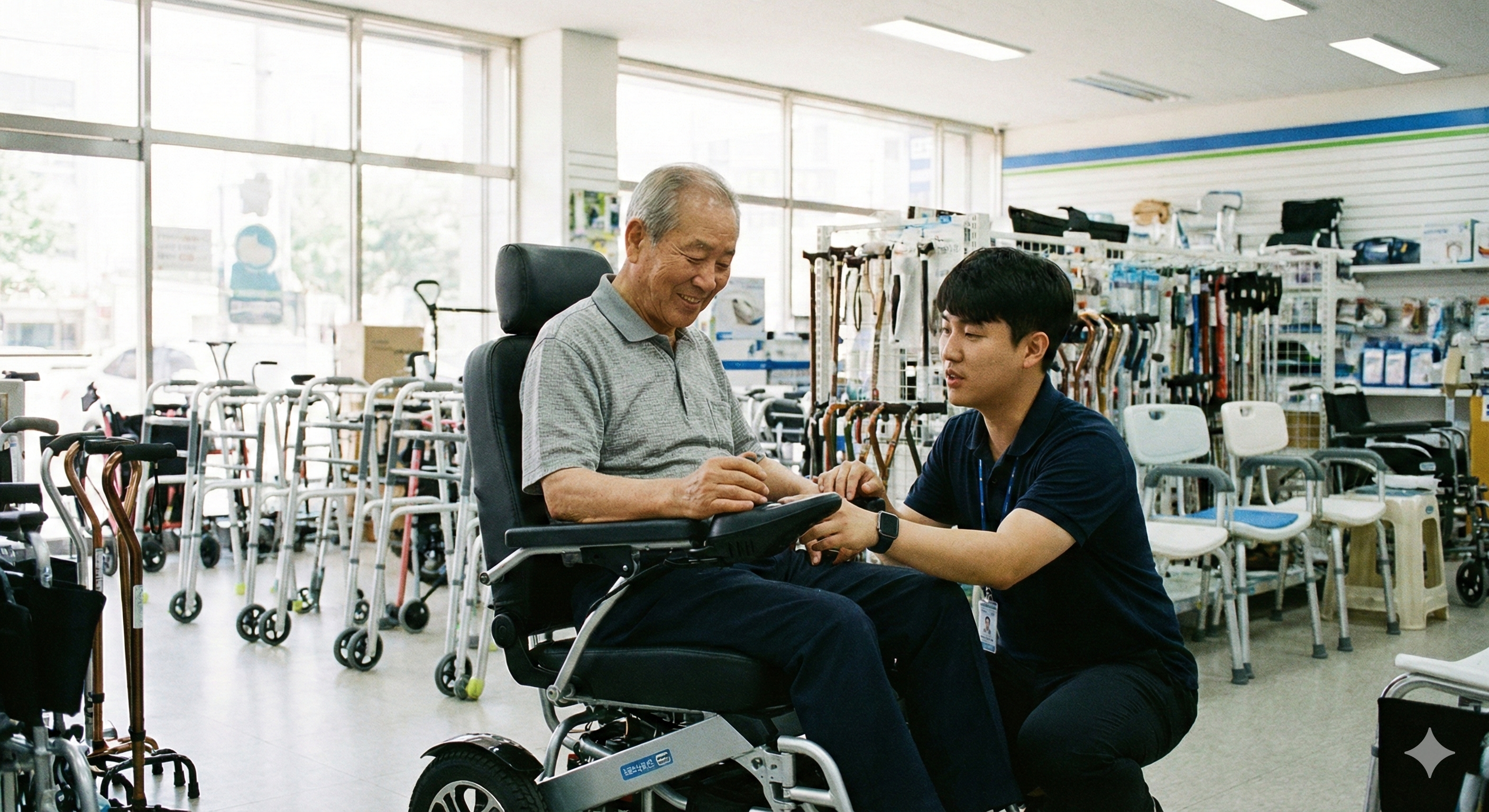 장기요양 혜택으로 휠체어 등 복지용구를 살펴보는 어르신