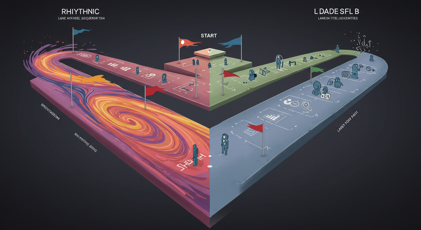 두 갈래 길이 서로 다른 깃발(즉시 반응, 기억)을 향해 나뉘는 상징적 이미지