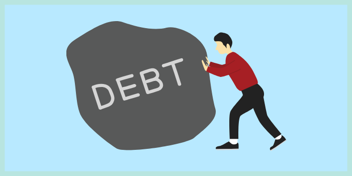 개인회생 채무자가 DEBT 바위를 밀며 고군분투하는 일러스트 – 빚 부담과 신용불량 회복 과정 표현&quot;