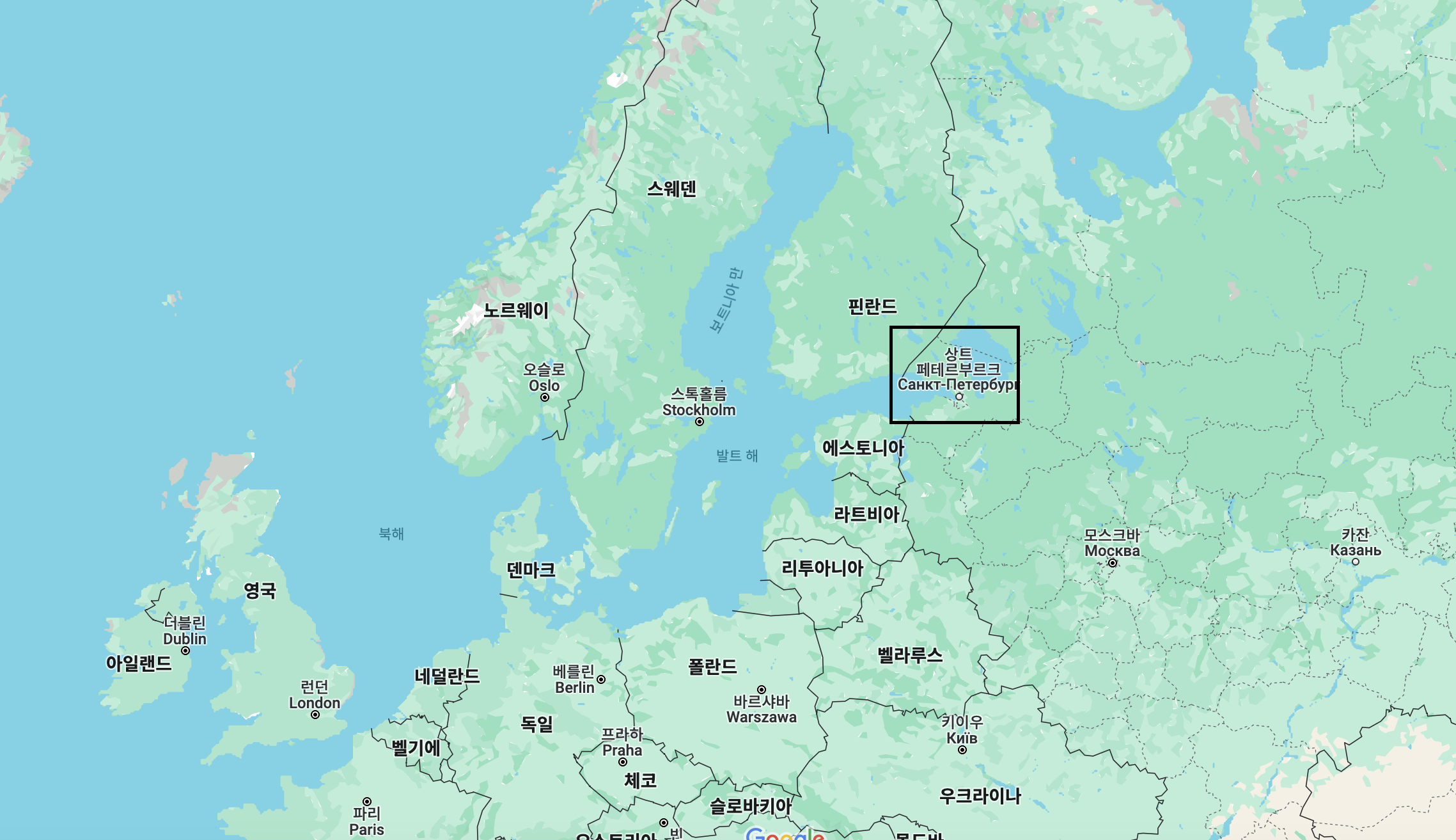 표트르 대제가 염원한 발트해에 위치한 항구 상트페테르부르크의 위치