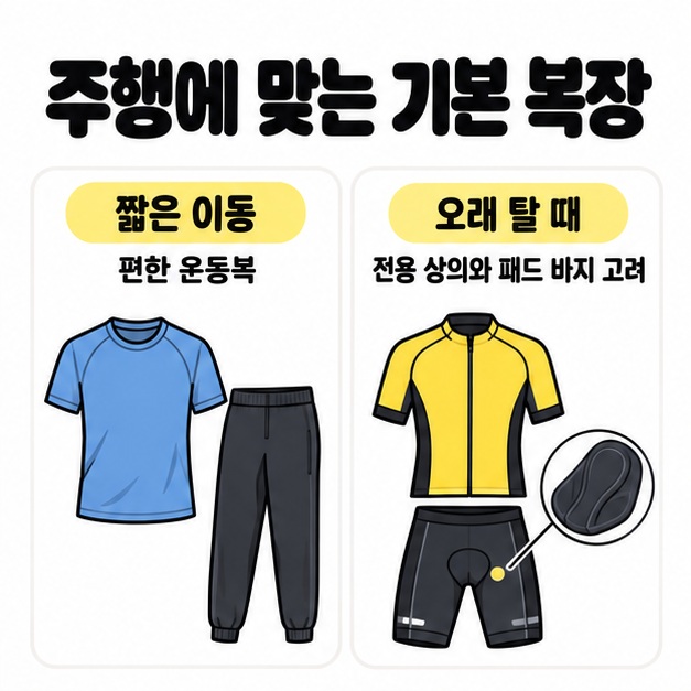 짧은 이동에 적합한 편한 운동복과 오래 탈 때 고려할 전용 상의 및 패드 바지를 나란히 비교한 복장 도식