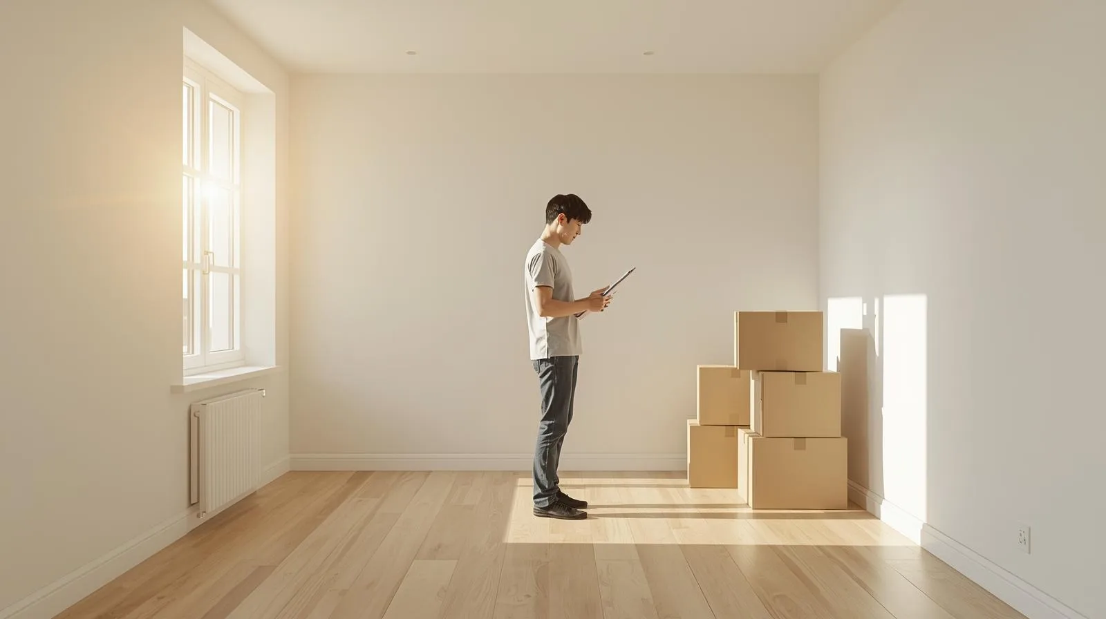 이사 첫날 빈집 상태에서 체크리스트를 들고 전기 스위치와 시설물을 점검하는 사회초년생
