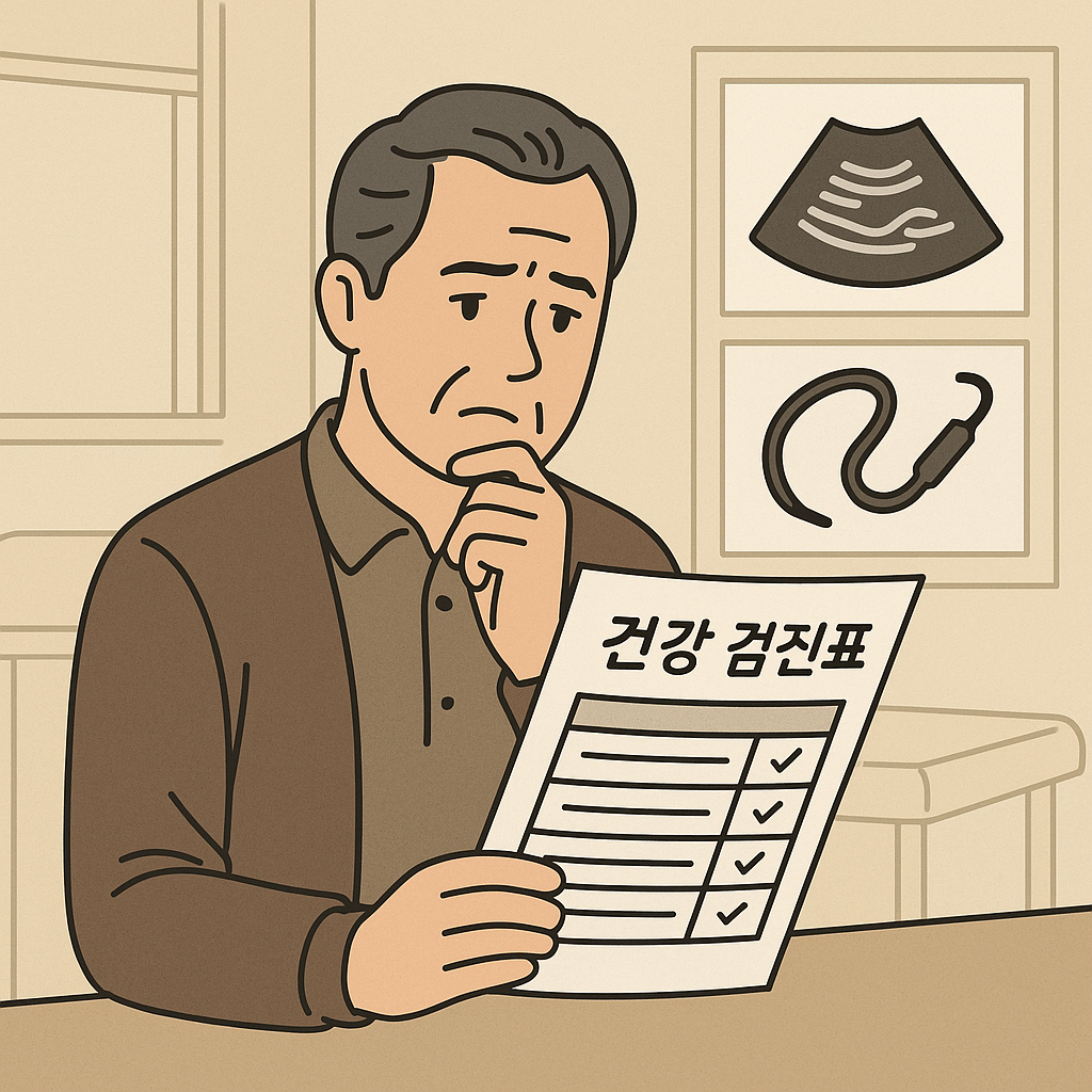 "병원에서 건강검진표를 보고 있는 중년 남성 + 초음파 및 내시경 그림이 함께 있는 장면"