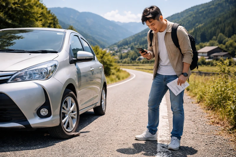 일본 시골의 굽은 도로 옆에 세운 소형 렌터카의 앞 타이어가 완전히 펑크 난 모습과, 스마트폰과 렌터카 서류를 들고 걱정스러운 표정으로 타이어를 바라보는 한국인 남성 여행자.