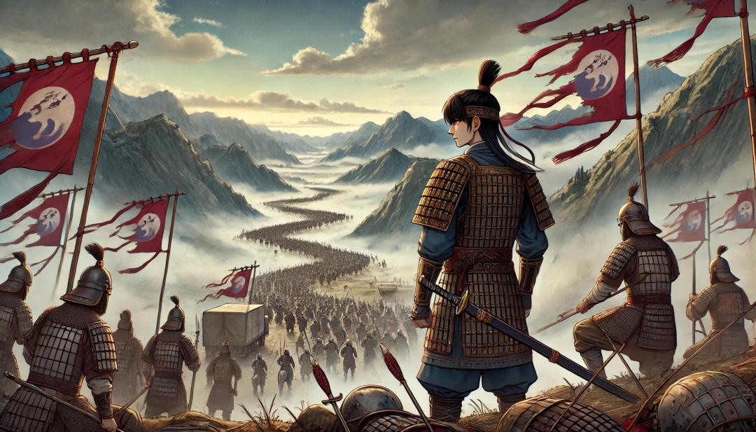 퇴각하는 수나라군대의 뒷 모습을 멀리서 을지문덕이 보고 있는 이미지