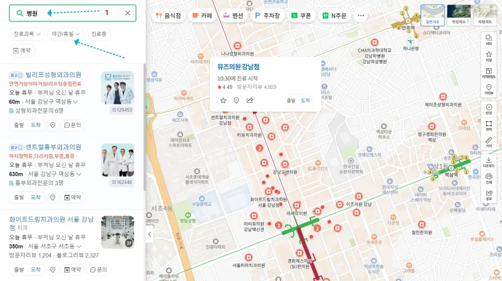 네이버 지도 공휴일 병원 찾기