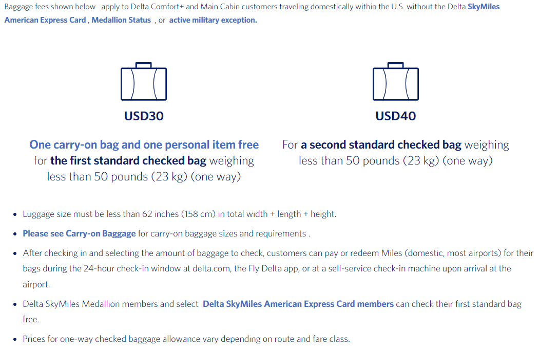 Regular baggage fee of Delta Air Lines