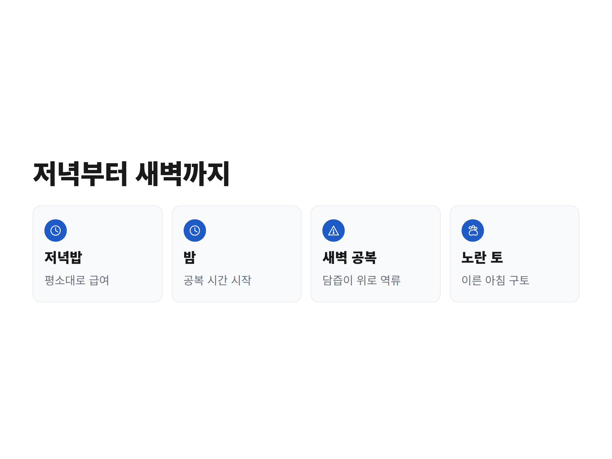 저녁 식사 후 다음 날 아침까지 강아지 위가 비어 가며 담즙이 역류하는 과정을 보여주는 시간 흐름