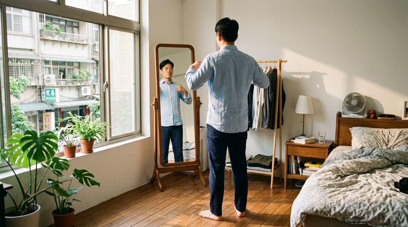 아침 햇살이 드는 방 안에서 옷을 입어보며 거울 앞에 서 있는 남성의 뒷모습