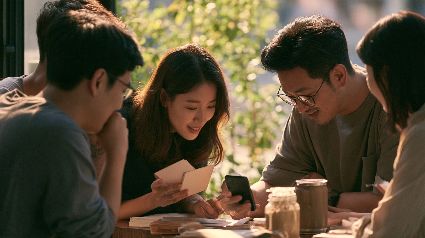 카페 테이블에 모여 스마트폰으로 모임통장 내역을 함께 확인하는 회원들