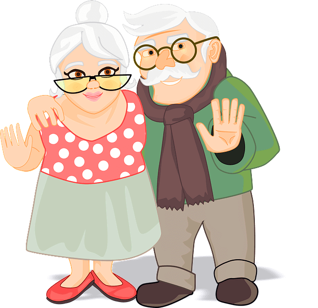 백발의 올림머리를 한 시어머니와 백발의 시아버지가 어깨동무를 하고 서 있다.