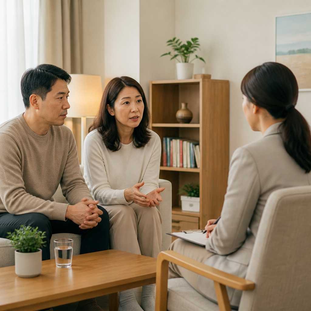 상담을 위해 대화하는 부모