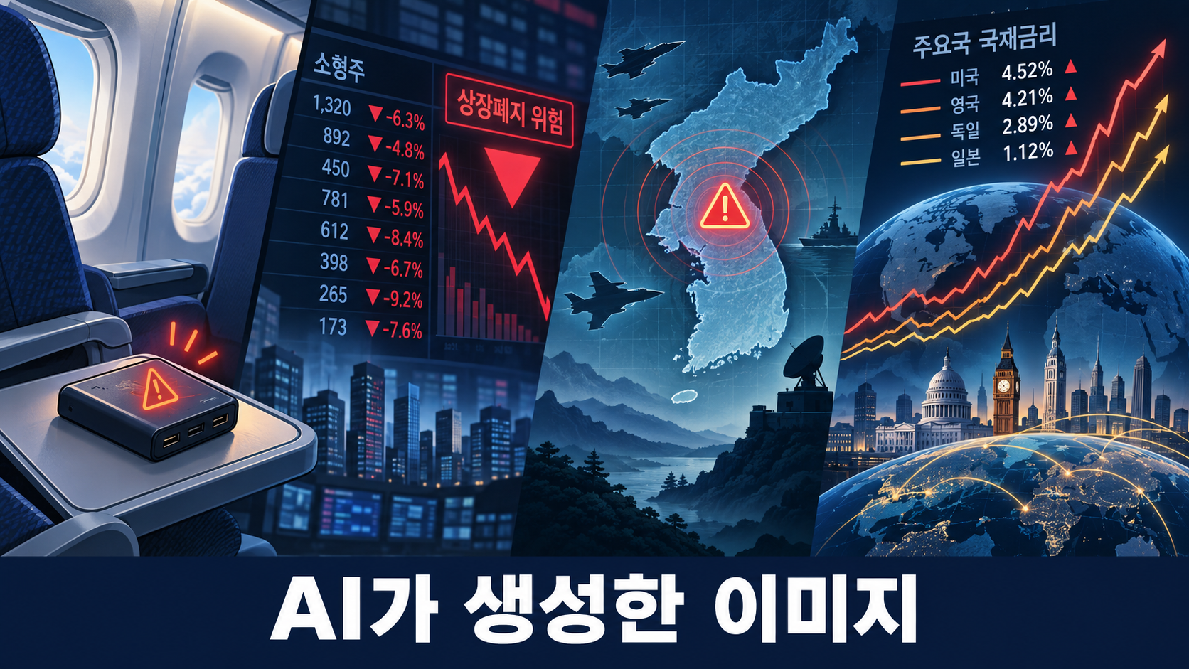 기내 보조배터리, 코스닥 상장폐지 위험, 한반도 안보, 글로벌 금리를 상징한 점심 뉴스 개념 일러스트