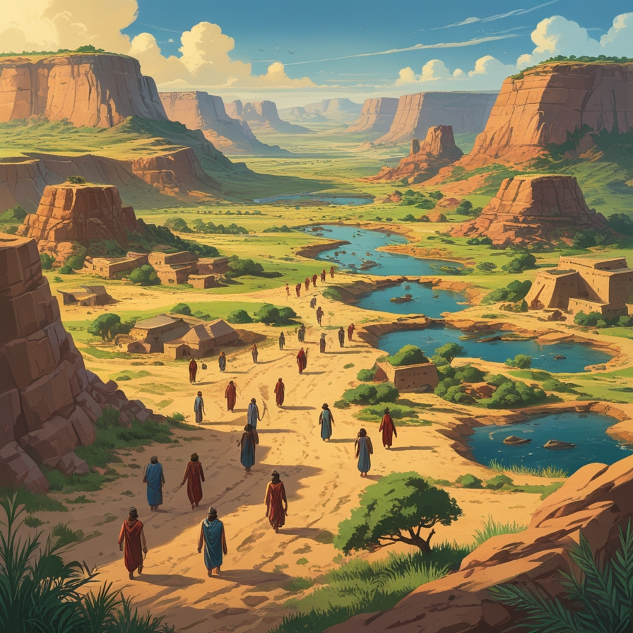 바벨 사건 이후 여러 방향으로 나뉘어 이동하는 초기 인류 집단의 모습을 표현한 장면