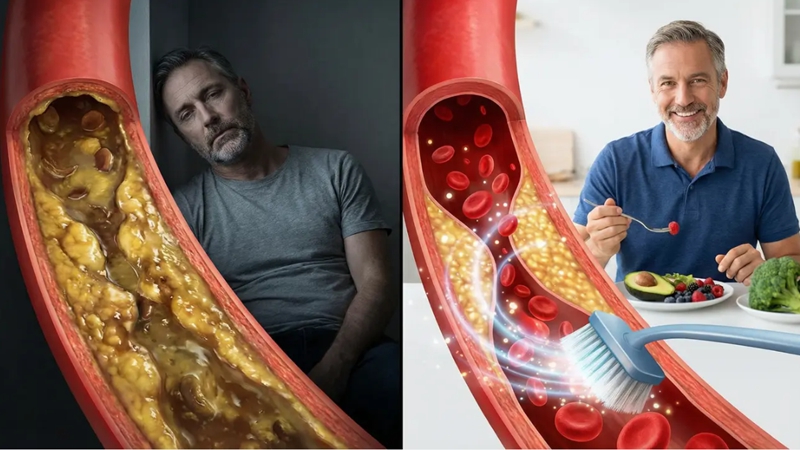 콜레스테롤로 막힌 혈관과 지친 중년 남성이 아보카도, 베리류, 브로콜리 등 슈퍼푸드로 맑은 혈관과 활력을 되찾는 Before/After 모습. 혈관 청소 슈퍼푸드 효과.