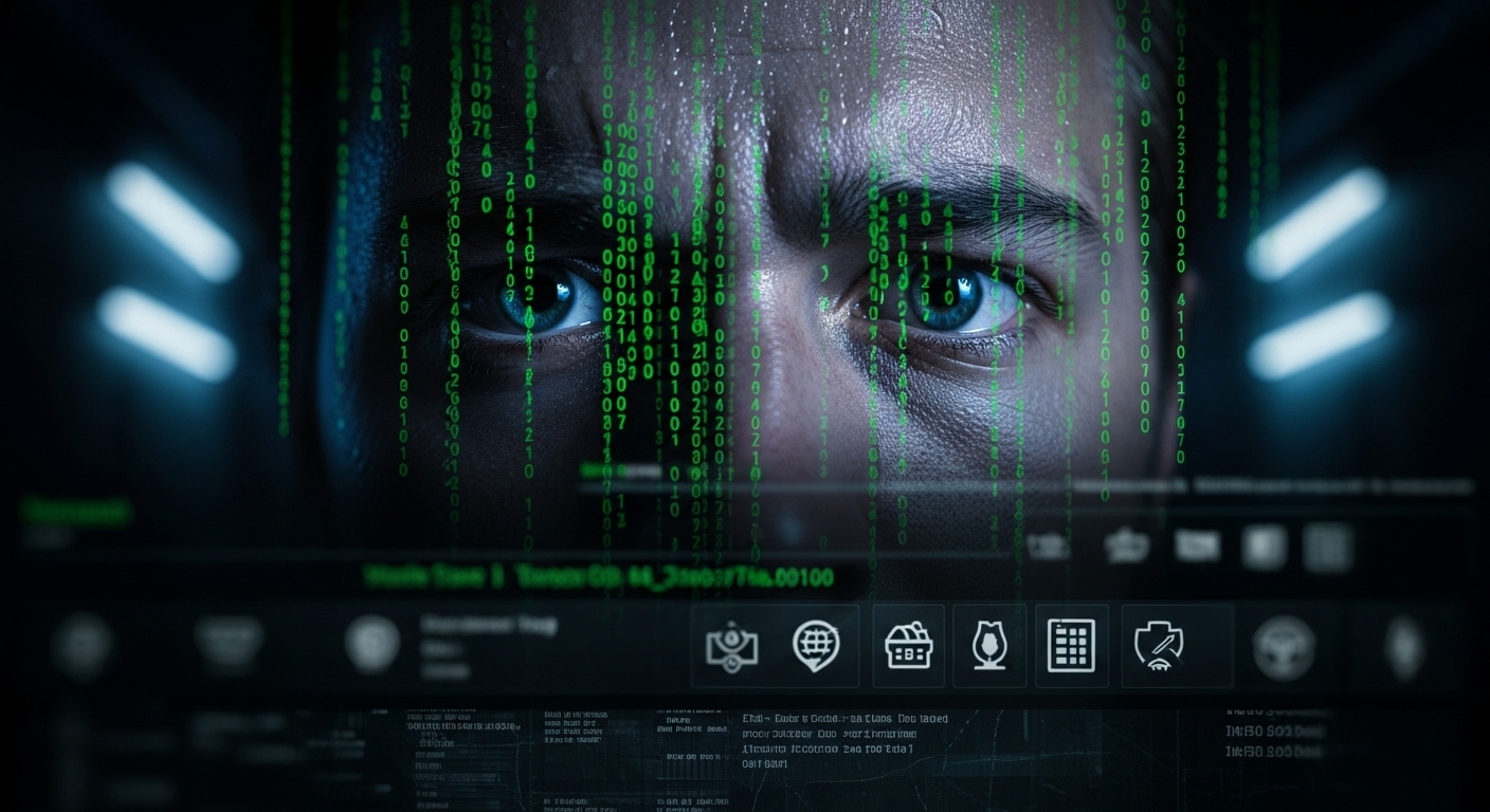 다크웹 인터페이스에 얼굴이 부분적으로 가려진 채 불안과 도덕적 갈등을 겪는 사람의 모습. 심리적 긴장감을 강조한 어두운 배경의 이미지.