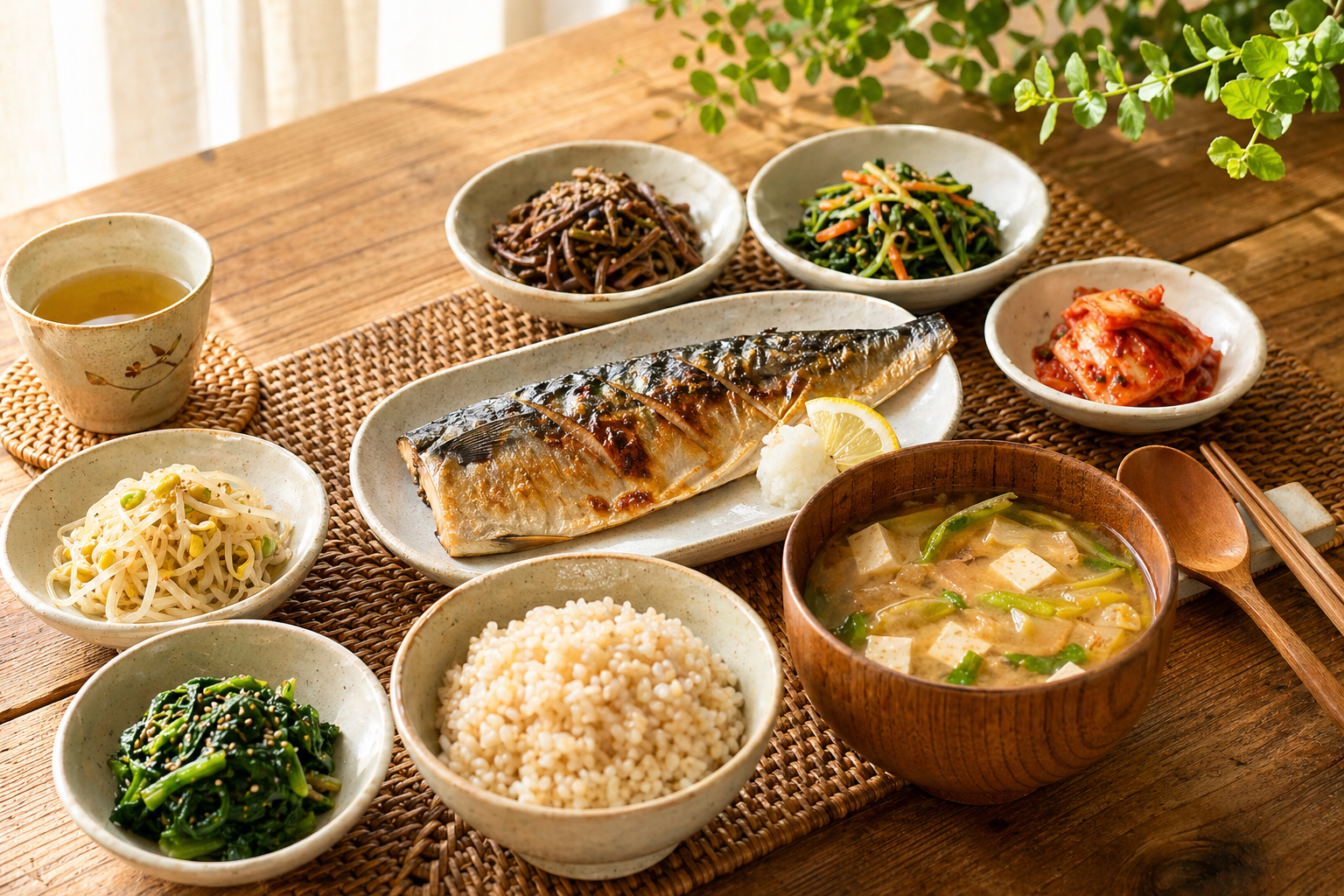 고등어구이와 현미밥, 된장국, 나물 반찬으로 차려진 건강 저녁 식사