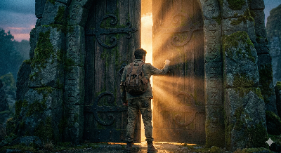 거대하고 굳게 닫힌 고대의 성문 앞에서, 포기하지 않고 문을 두드리고 있는 한 남자의 뒷모습. 문틈 사이로 미세하게 새어 나오는 밝은 빛을 통해 희망과 가능성을 암시하는 이미지.