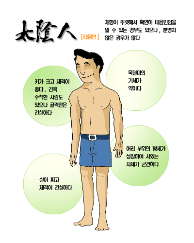 태음인의 외형과 기세를 만화 형태로 묘사를 하고, 태음인의 특성을 서술해 놓은 이미지