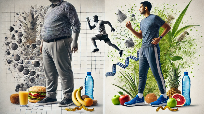 뱃살이 많은 사람과 관리로 뱃살을 뺀 사람을 비교하는 그림