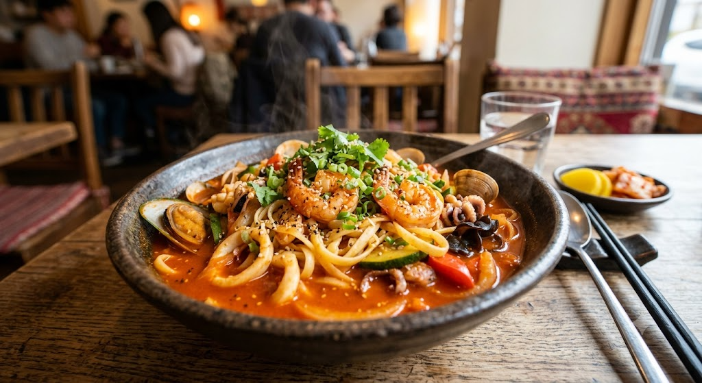 식당 목재 테이블 위에 놓인 김이 모락모락 나는 해산물 토마토 짬뽕 파스타 한 그릇.